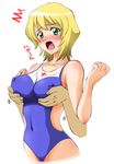  akiyama_kenta blonde_hair blush breast_grab breasts covered_nipples erstin_ho garderobe_swimsuit grabbing green_eyes groping large_breasts my-otome one-piece_swimsuit open_mouth short_hair solo_focus surprised surprised_arms swimsuit tears translation_request 