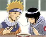  1girl 2004 black_hair blonde_hair chopsticks closed_eyes couple eating food headband hetero holding holding_chopsticks hood hoodie hyuuga_hinata imminent_kiss jumpsuit left-handed long_sleeves mouth_hold naruto naruto_(series) noodles ramen sfolse shared_food short_hair silver_eyes uzumaki_naruto 