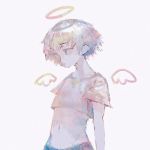  1boy 666haorare666 angel angel_wings collarbone commentary_request crop_top eyebrows_visible_through_hair halo looking_to_the_side male_focus muted_color navel original shadow shinigami short_hair short_sleeves solo upper_body white_hair wings 