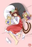  :3 animal_ears barefoot brown_hair cat_ears cat_tail character_doll chen closed_eyes doll earrings elbow_gloves feet gloves hands_in_opposite_sleeves hat jewelry long_sleeves makino_(ukiuo) multiple_tails parasol pillow_hat short_hair sleeping socks socks_removed solo tail touhou umbrella wide_sleeves yakumo_ran yakumo_yukari yin_yang 