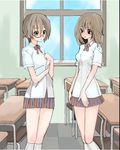  black_eyes brown_hair classroom copyright_request desk glasses indoors long_hair multiple_girls saibashi school_desk school_uniform short_hair 