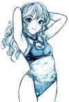  armpits arms_behind_head bikini bikini_under_clothes blue breasts cleavage copyright_request curly_hair halterneck highleg highleg_bikini highleg_swimsuit monochrome nekomata_naomi see-through shirt small_breasts smile solo swimsuit swimsuit_under_clothes 