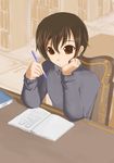  artist_request book brown_eyes brown_hair fujioka_haruhi highres library long_sleeves ouran_high_school_host_club pencil short_hair solo sweater 