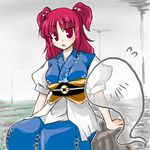  :o blush flying_sweatdrops ghost japanese_clothes lowres onozuka_komachi open_mouth puffy_short_sleeves puffy_sleeves red_eyes red_hair sash short_hair short_sleeves sitting solo tajima_yuuki touhou two_side_up underbust 
