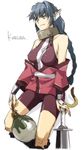  animal_ears arm_guards bandages bangs bare_shoulders blue_eyes blue_hair breasts cat_ears chain character_name collar halterneck hand_on_hilt holding impossible_clothes japanese_clothes jug karura_(utawareru_mono) kimono kyo_(kuroichigo) large_breasts light_smile long_hair looking_to_the_side metal_collar off_shoulder planted_sword planted_weapon rope sash short_kimono simple_background sketch smile solo sword tail turtleneck unitard utawareru_mono very_long_hair weapon white_background 