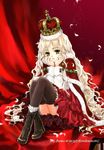  blonde_hair boots cape chin_rest copyright_request crown feathers green_eyes hat jewelry kuramoto_kaya long_hair long_sleeves red sitting skirt solo thighhighs wavy_hair 