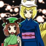  alternate_costume animal_ears blonde_hair brown_eyes brown_hair cat_ears chen fireflies fox_tail gengorou hair_ribbon hat japanese_clothes kimono long_sleeves lowres multiple_girls multiple_tails ribbon short_hair tail touhou yakumo_ran yellow_eyes yukata 