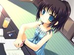  black_hair blue_eyes bow camisole drinking_straw eraser floor glass homework juice meito_(maze) original pen pout sitting solo sunlight writing 