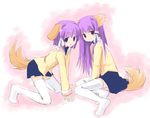  animal_ears blue_eyes cat_ears clannad dog_ears dog_tail fox_ears fujibayashi_kyou fujibayashi_ryou hair_ribbon hikarizaka_private_high_school_uniform long_hair long_sleeves multiple_girls purple_eyes purple_hair ribbon school_uniform short_hair siblings tail tatsukichi thighhighs tress_ribbon twins white_legwear zettai_ryouiki 