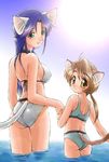  :3 age_difference animal_ears ass back bikini blue_hair brown_hair cat_ears commentary_request copyright_request day ebifly from_behind green_eyes long_hair looking_at_viewer looking_back multiple_girls swimsuit tail tail_slit_clothes wading water yellow_eyes 