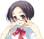  :d black_hair bow bowtie glasses looking_at_viewer lowres open_mouth original red_eyes semi-rimless_eyewear shirt short_hair short_sleeves simple_background smile solo tomose_shunsaku under-rim_eyewear white_background white_shirt 