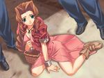  aerith_gainsborough artist_request basket boots bow breasts brown_hair cleavage cropped_jacket dress final_fantasy final_fantasy_vii green_eyes jacket jpeg_artifacts long_dress long_hair medium_breasts pink_bow pink_dress sitting solo_focus 