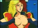  80s blonde_hair breasts chara_soon closed_eyes elbow_gloves eyeshadow gloves gundam gundam_zz lipstick makeup medium_breasts multicolored_hair no_bra no_nipples oldschool open_clothes open_mouth open_shirt red_hair screencap shirt solo two-tone_hair 