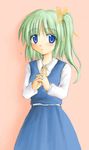  artist_request blue_dress blue_eyes blush daiyousei dress green_hair hair_ribbon hands_clasped long_sleeves lowres neck_ribbon no_wings own_hands_together ribbon side_ponytail solo touhou yellow_ribbon 