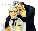  artist_request beard bow bowtie colonel_sanders crossover english facial_hair final_fantasy final_fantasy_vii formal friends glasses green_eyes grey_hair kfc long_hair long_sleeves male_focus multiple_boys mustache sephiroth shirt silver_hair suit what 