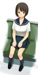  a1 bag brown_eyes brown_hair closed_mouth copyright_request expressionless full_body kneehighs loafers school_bag school_uniform seat serafuku shirt shoes short_hair short_sleeves sitting solo white_shirt 