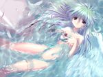  android angel barcode bottomless club_maniax covering covering_breasts damaged feathers green_hair komatsu_eiji long_hair lying mecha_musume mechanical_parts mechanical_wings no_pussy nude on_back parts_exposed purple_eyes solo wallpaper water wings 