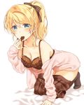  1girl \||/ all_fours ayase_eli bed_sheet black_bow black_legwear black_nails blonde_hair blue_eyes blush bow bra brown_bra brown_nails brown_skirt chocolate clothes_down collarbone commentary_request food_in_mouth frilled_bra frills hair_bow hand_to_own_mouth highres looking_at_viewer love_live! love_live!_school_idol_project mogu_(au1127) mouth_hold nail_polish open_clothes open_shirt plaid plaid_skirt ponytail sidelocks skirt skirt_pull solo striped striped_bow underwear white_background 