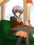  cardigan cea_se cup disposable_cup drinking_straw food food_wrapper hamburger indoors kita_high_school_uniform long_sleeves nagato_yuki restaurant school_uniform serafuku short_hair sidelocks sitting socks solo suzumiya_haruhi_no_yuuutsu table window 