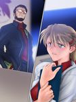  1girl beard blue_eyes facial_hair glasses hair_ornament hairclip ikari_gendou labcoat long_sleeves meguro_fukuzou neon_genesis_evangelion older ponytail souryuu_asuka_langley 