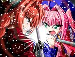  battle blue_eyes bow clash duel gloves graf_eisen green_eyes hat kamishima_kanon long_sleeves look-alike lyrical_nanoha magical_girl mahou_shoujo_lyrical_nanoha mahou_shoujo_lyrical_nanoha_a's marron_(quiz_magic_academy) multiple_girls pink_hair quiz_magic_academy red_hair vita 