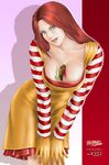  blue_eyes breasts cleavage food hamburger large_breasts long_hair long_sleeves mcdonald's mcgrand red_hair ronald_mcdonald solo toten_(der_fuhrer) translation_request 