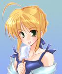  ahoge artoria_pendragon_(all) blonde_hair braid collarbone fate/stay_night fate_(series) food green_eyes looking_at_viewer popsicle saber solo tongue tongue_out utsubo_kazura 