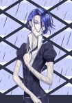  1other androgynous blue_eyes blue_hair blue_zoisite_(houseki_no_kuni) colored_eyelashes crystal_hair frown gem_uniform_(houseki_no_kuni) hanekuzu highres houseki_no_kuni looking_at_viewer necktie open_collar rain short_hair solo upper_body wet wet_clothes wet_hair white_skin window 