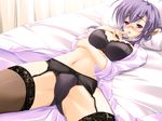  :o bed black_bra black_legwear black_panties blush bra finger_to_mouth folded_ponytail game_cg garter_belt glasses hair_ornament heart heart_hair_ornament labcoat lingerie long_sleeves lying mikeou miraroma on_back on_bed open_clothes open_mouth panties pillow purple_hair red_eyes solo spread_legs thighhighs underwear 