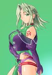  breasts cowboy_shot green_background green_eyes green_hair huge_breasts lamia_loveless long_sleeves profile sangekimaru solo super_robot_wars 