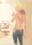  3tohei back back_tattoo bathroom blonde_hair denim fullmetal_alchemist hair_down jeans pants riza_hawkeye scar sink solo tattoo topless towel 