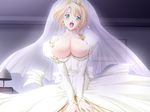  akehime_saki blonde_hair breasts bridal_veil bride dress earrings game_cg green_eyes hair_up jewelry kyouhaku_2 lactation large_breasts long_sleeves necklace nipples no_bra open_mouth ribahara_aki solo veil wedding_dress 