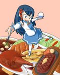  artist_request blue_eyes blue_hair blue_skirt chibi chopsticks food grin hair_ornament in_food long_hair long_sleeves meat minigirl os-tan rice skirt smile solo x_hair_ornament xp-tan 