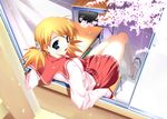  aoi_mikan blonde_hair cherry_blossoms desk from_outside long_sleeves looking_at_viewer sasamori_karin school_uniform serafuku socks solo to_heart_2 twintails window 