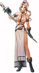  ankle_boots bare_shoulders between_breasts boots breasts choker cleavage cleavage_cutout dress earrings full_body gensou_suikoden gensou_suikoden_iv gloves green_eyes high_heel_boots high_heels highres hoop_earrings jeane jewelry kawano_junko large_breasts legs loincloth long_hair long_legs midriff navel no_bra official_art open_mouth ponytail revealing_clothes see-through shoes silver_hair simple_background slender_waist solo staff standing strap thighs underboob wavy_hair white_dress 