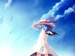  alternate_costume arms_behind_back bat_wings blue_hair cloud day dress hat highres looking_back red_eyes remilia_scarlet sky smile solo straw_hat sundress tateha_(marvelous_grace) touhou wallpaper white_dress wings 