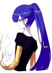  1other absurdres alternate_hairstyle androgynous artist_name blue_eyes blue_hair commentary cropped_torso from_behind gem_uniform_(houseki_no_kuni) golden_arms highres houseki_no_kuni lapis_lazuli_(houseki_no_kuni) long_hair long_ponytail paper ponytail profile puffy_short_sleeves puffy_sleeves sheya short_sleeves signature simple_background smile solo spoilers symbol_commentary upper_body white_background 