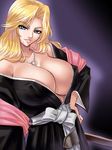  bare_shoulders between_breasts bleach blonde_hair blue_eyes breasts chain cleavage covered_nipples cowboy_shot from_side grin hand_on_hip huge_breasts japanese_clothes jewelry kagami_hirotaka kimono long_hair long_sleeves looking_at_viewer matsumoto_rangiku mole mole_under_mouth necklace no_bra off_shoulder open_clothes open_kimono outline sash shawl smile solo standing wavy_hair wide_sleeves 