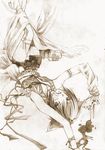  androgynous animal_ears artist_request bandaid bandaid_on_face blood cat_ears copyright_request miniskirt monochrome skirt solo thighhighs upside-down zettai_ryouiki 
