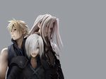  armor asymmetrical_clothes bare_shoulders black_coat blonde_hair blue_eyes closed_mouth cloud_strife expressionless final_fantasy final_fantasy_vii final_fantasy_vii_advent_children grey_background hair_over_one_eye kadaj lips looking_at_viewer looking_to_the_side male_focus multiple_boys sephiroth shaded_face shihira_tatsuya shoulder_pads silver_hair simple_background sleeveless smile smug spiked_hair upper_body wallpaper zipper 