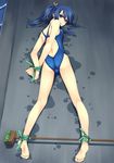  angry ass barefoot bdsm blue_eyes blue_hair blue_haired_girl_(murakami_suigun) bondage bound bound_wrists competition_swimsuit f-ism feet grimace highleg highleg_swimsuit highres kneepits leash legs looking_back lying murakami_suigun on_stomach one-piece_swimsuit original ponytail soles solo spreader_bar swimsuit tears toes trefoil 