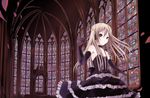  architecture black_gloves blonde_hair church elbow_gloves gloves gothic gothic_architecture gothic_lolita katase_yuu lolita_fashion original petals solo stained_glass twintails window 