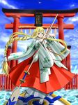  alicia_florence aria bird blonde_hair blurry braid chihaya_(clothing) hakama japanese_clothes kimono long_hair long_sleeves miko paddle parody red_hakama solo tabi torii traditional_clothes unmoving_pattern very_long_hair water yaso_shigeru 