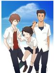  2boys bag bent_over black_hair black_legwear brown_hair cloud day froghead konno_makoto mamiya_chiaki multiple_boys orange_hair school_bag school_uniform shirt short_hair short_sleeves skirt sky smile toki_wo_kakeru_shoujo tsuda_kousuke 