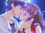  1girl backlighting beach bekkankou blush brown_hair close-up closed_eyes couple game_cg hair_ribbon hetero holding jewelry kiss long_sleeves moonlight necklace night ribbon shirt takamizawa_natsuki yoake_mae_yori_ruri_iro_na 