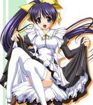  :d apron artist_request blue_eyes blue_hair blush bow convenient_leg dress dress_lift hair_ribbon itou_noemi long_hair long_sleeves maid mary_janes open_mouth ponytail ribbon shoes side_ponytail sitting smile solo thighhighs very_long_hair waitress white_legwear with_you yellow_bow zettai_ryouiki 