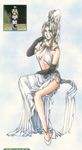  90s adjusting_hair anklet arm_up artist_request breasts cleavage dress elbow_gloves gensou_suikoden gensou_suikoden_ii gloves high_heels high_ponytail highres jeane jewelry large_breasts leg_up legs long_legs official_art pixel_art ponytail scan shoes side_slit silver_hair sitting slender_waist solo strap_gap thighs wavy_hair white_dress 