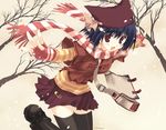 :d animal_hat bag bare_tree black_legwear cat_hair_ornament cat_hat clip hair_ornament hat looking_at_viewer mitsumi_misato open_mouth original outstretched_arms pillow_hat red_eyes ribbon safety_pin scarf smile snowing solo spread_arms striped striped_scarf thighhighs tree winter 