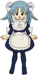  :d absurdres apron bangs blue_dress blue_eyes blue_hair blue_legwear blush bow child clothes_writing dress fingernails flat_chest flipped_hair frilled_apron frills full_body hair_ornament happy highres juliet_sleeves kasuga_(kasuga39) long_fingernails long_sleeves looking_at_viewer maid no_shoes omega_symbol open_mouth pantyhose parted_bangs puffy_sleeves puzzle_piece short_dress short_hair short_twintails simple_background sleeve_cuffs smile solo standing twintails waist_apron white_background wikipe-tan wikipedia 