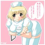  artist_request bent_over blonde_hair blush brown_eyes cowboy_shot hat lyrical_nanoha mahou_shoujo_lyrical_nanoha mahou_shoujo_lyrical_nanoha_a's name_tag nurse nurse_cap pink_background shamal short_hair short_sleeves simple_background solo standing thighhighs uniform zettai_ryouiki 